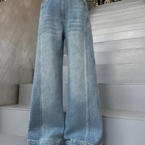 TEMU 청소년 봄/가을 라인스톤 페이크 데님 스타일리시 다용도 캐주얼 와이드 레그 팬츠 루즈 롱 트라우저, 야외복, 십대용