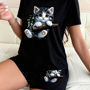 TEMU 귀여운 고양이 나무 패턴이 있는 여성용 반팔 반바지 잠옷 세트 | 크루넥, 만화 디자인, 사계절용, 짧은 바지