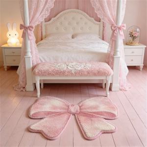 TEMU 900g+9mm 인조 캐시미어 핑크 리본 침대 옆 러그, 프렌치 스타일 거실 카펫, 귀여운 욕실/발코니 세탁 가능 매트, 불규칙한 모양 화장대 플러시 러그, 폭신한 소프트 옷장 미끄럼 방지 카펫, 발코니 베이 윈도우 미끄럼 방지 러그