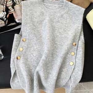 TEMU 여성용 라운드넥 풀오버 스웨터 조끼, 단색 사이드 메탈 버클 장식 스플릿 조끼, 캐주얼하고 다재다능한 민소매 탑, 게으르고 편안한 여성 의류, 가을 및 겨울 레이어링에 적합, 외출 및 쇼핑용