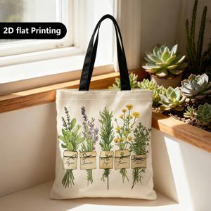 TEMU 쇼핑 토트백, 휴대용 겸용 숄더백 겸 핸드캐리백, 양면 2D 프린팅, 허브 식물 패턴, 라벨, 그림 디자인에 적합. 여행, 화장품 보관, 휴일 수납, 홈 데코, 선물용, 가족 모임에 이상적
