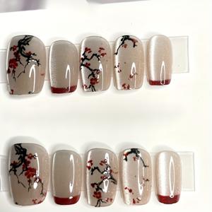 TEMU 눈을 덮고 복숭아꽃을 찾는 중국 스타일 고양이 눈물 순수 핸드메이드 네일 10개입