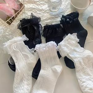 TEMU 41/2000 2/3/4 더블 랜덤 블랙 & 화이트 리본 레이스 양말, 여성용 달콤한 일본 & 한국 스타일
