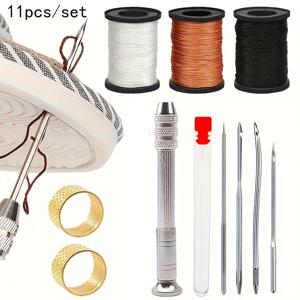 TEMU 9/11 합금 가죽 재봉용 송곳 키트, 합금 손잡이, 나일론 실 50미터, 교체용 재봉 바늘 4개, 골무 2개, 바늘 보관병 포함. 인조가죽 DIY, 텐트, 신발, 가방, 수리, 지갑, 양초 제작에 적합
