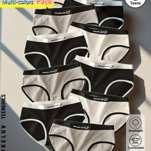 TEMU 12개 여아용 레터 프린트 속옷 - 부드럽고 신축성 있는 캐주얼 브리프, 블랙/화이트/회색 색상 모음 십대용 속옷