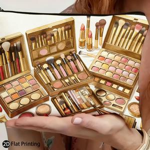 TEMU 1개 휴대용 메이크업 가방 (골든 팔레트, 브러쉬, 립스틱, 아이섀도우, 파운데이션, 블러셔, 세팅 파우더 패턴 포함), 가볍고 접이식, 지퍼형, 메이크업 매니아를 위한 이상적인 선물, 2D 평면 인쇄