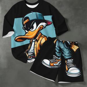 TEMU 3D 프린트 트렌디 오리 패턴, 청소년 패션 반바지 세트, 반팔 티셔츠와 루즈핏 반바지 (봄, 가을, 여름용), 스타일리시한 야외 캐주얼 의상 남아용, 야외용, 십대용