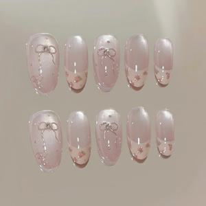TEMU 10개입 새로운 프린트 리본 하이엔드 스킨 순수 수제 착용 가능한 크림색 플로럴 스위트 & 쿨 수작업 핸드페인팅 부드러운 핑크 리본 프렌치 스타일 엣지 모양 수제 인조 손톱, 부드럽고 귀여운 탈부착식 데일리 인조 손톱