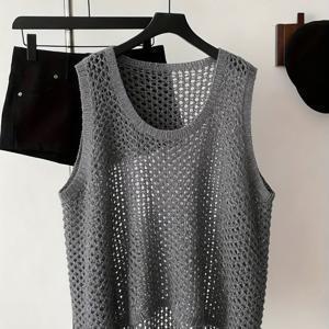 TEMU 여성용 봄/여름 라운드넥 홀리 베스트, 루즈핏 디자인으로 데일리 출퇴근 및 레이어링에 적합