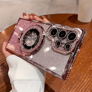 TEMU 폰 케이스: 럭셔리 베젤 세트 보호 케이스 + 글리터 마그네틱 스탠드 + 글리터 카드스톡 + 렌즈 보호 필름, 삼성 갤럭시 S25 S24 S23 S22 울트라 시리즈 호환, 렌즈 필름 및 글리터 스탠드 폰 케이스 포함, 럭셔리 베젤 세트 충격 방지, 무선 충전 지원 초고급 폰 케이스