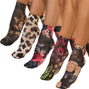 TEMU 여성용 발목 양말 다섯 켤레, 꽃무늬 중목 양말, 얇은 스타킹