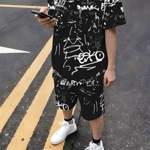 TEMU 청소년 패션 반바지 세트, 패셔너블하고 잘생긴 스타일 프린팅 패턴, 봄 가을 여름용 반팔 티셔츠와 루즈핏 반바지 2피스 세트, 남아용 패션 아웃도어 레저 세트, 야외 활동용, 십대용