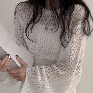 TEMU 여성용 숏 홀로우 가디건, 부드럽고 편안한 스타일 탑, 긴팔 라운드넥 시스루 가디건, 봄철 출퇴근 및 외출용 달콤한 다용도 스타일, 니안니안