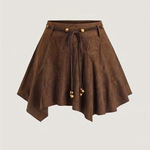 TEMU 여성용 단축 스커트, 단색 인조 가죽 허리 벨트 포함
