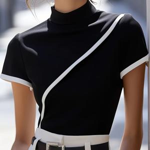TEMU 레트로 슬림핏 하이넥 반팔 블라우스 탑 - 블랙 & 데일리 커뮤트 & 직장에 적합, 대각선 디테일 레이어링 아이템, 세탁기 사용 가능, 봄/여름용 솔리드 컬러 다용도 워드로브 스테이플