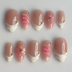 TEMU 아몬드 모양의 재사용 가능한 3D 플로럴 프레스온 네일 10개 세트입니다. 중간 길이와 화이트 팁이 특징입니다. 봄을 위해 디자인되었으며, 고광택 아크릴 네일은 우아한 3D 라인과 라인스톤으로 장식되어 있습니다.