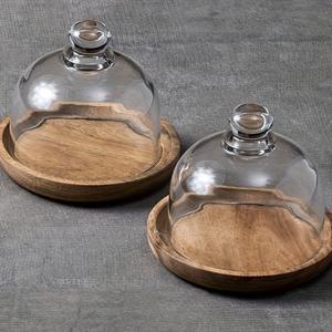 TEMU 2개 미니 아큐멘 목재 디저트 접시 유리 뚜껑 포함 - 원형 광택 메탈 테두리, 주방용 먼지 방지 케이크 및 빵 접시, 파티용 서빙 플레이트 | 보호 유리 커버 | 투명 유리 커버