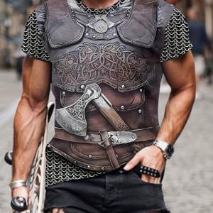 TEMU 남성용 캐주얼 여름 티셔츠, 창의적인 레트로 아머 디자인과 신축성 있는 라운드넥 특징