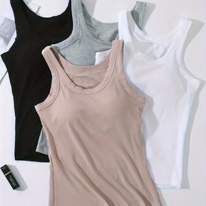 TEMU 4개입 여성용 내부 레이어, 가슴 쿠션, 컵 커버가 있는 새로 출시된 나사산 서스펜더드 하의 조끼, 통합 여성 조끼