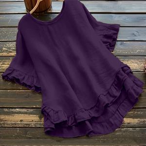 TEMU 플러스 사이즈, 오픈백 벨 아이스 파이버 원단 shirred 텍스처 프론트 러플 숏백 롱숏 소매 플레어 소매 크루넥 탑