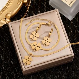 TEMU 4pcs/세트 목걸이 1개 + 팔찌 1개 + 귀걸이 2개 주얼리 네잎 클로버 디자인 패셔너블하고 개성 있는 세트