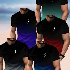 TEMU 남성용 그라데이션 번개 프린트 티셔츠 5pcs, 반팔 크루넥 티, 여름 아웃도어 남성 의류