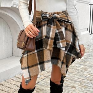 TEMU 여성용 우아한 체크무늬 비대칭 밑단 스커트 - 베이지/갈색/검정/흰색 그리드 패턴, 세탁기 사용 가능 사계절 캐주얼 및 오피스웨어, 매력적인 포켓 디자인