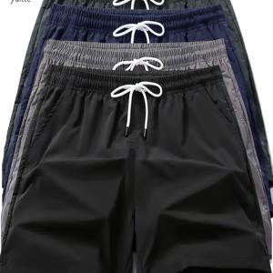 TEMU 남성용 캐주얼 루즈핏 속건성 애슬레틱 쇼츠 4개 세트, 블랙, 그레이, 네이비, 아미 그린, 신축성 있는 허리밴드, 드로스트링, 주머니가 있는 경량 남성용 러닝 쇼츠, 피트니스 트레이닝용