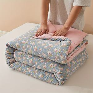 TEMU 스타일리시한 블루 로즈 플로럴 프린트 담요 1개, 핑크색 매우 부드러운 극세사 안감, 높은 복원력 충전재, 침실, 객실, 사무실, 발코니, 여행용 및 선물용으로 적합한 가을 겨울용 두꺼운 이불