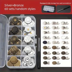 TEMU 60세트/박스 무봉제 버튼 레트로 메탈 스크류 버튼 청바지 버튼 교체 키트 DIY 패스너 네일 버튼 청바지 버튼 교체