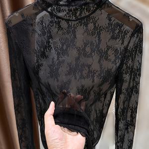 TEMU 여성용 새로운 스타일리시 블랙 레이스 터틀넥 탑, 시어 및 투명 스웨터 레이어