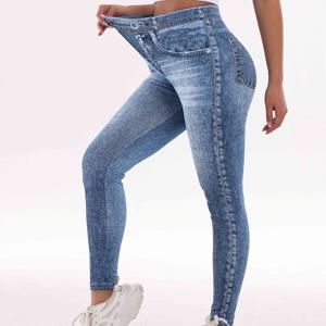 TEMU 모조 데님 프린트 하이웨이스트 운동용 레깅스, 캐주얼 타이트핏 탄력 레깅스, 사계절 편안한 착용감