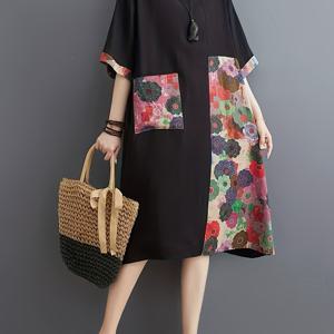 TEMU 플러스 사이즈 캐주얼 루즈핏 라운드넥 반팔 드레스, 컬러 블록 & 플로럴 포켓 - 논스트레치 원단, 손세탁 전용, 편안한 패션, 장식용 포켓