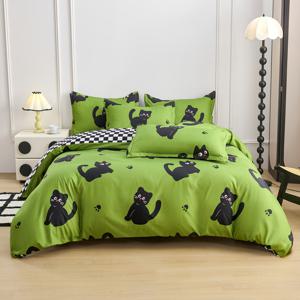 TEMU 그린 만화 고양이 신선한 자연스러운 귀여운 캣 퀼트 커버 베개 케이스 세트