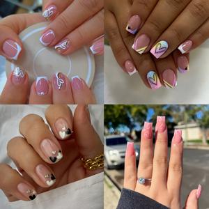 TEMU 4팩/96개입 숏 스퀘어 글리터 하트 화이트 프렌치 하트 레드 화이트 핑크 그라데이션 발렌타인데이 및 데일리 착용에 적합 프레스온 네일 재사용 가능 인조 네일 먼지 4개 & 젤리 자가 접착 4개