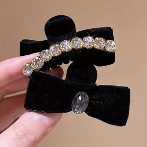 TEMU 여성용 멀티 컬러 벨벳 리본 라인스톤 장식 공주 머리 앞머리 헤어 클립 2개, 달콤하고 사랑스러운 반 매듭 헤어 양면 소형 헤어 클립, 데일리룩에 적합한 레드 벨벳 헤어 클립