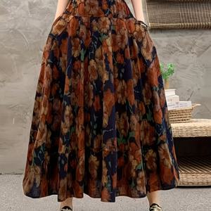 TEMU 방향성 빈티지 프린트 다용도 루즈핏 신축성 하이웨이스트 플레어 스커트