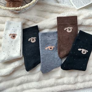 TEMU 커피색 털실 두꺼운 따뜻한 가을 겨울 한국 스타일 귀여운 강아지 양말 5켤레