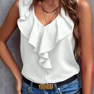 TEMU 여성용 우아한 러플 V넥 민소매 블라우스 - 솔리드 컬러 여름 상의, 비신축 원단, 기계 세탁 가능 & 캐주얼에서 포멀까지 활용 가능한 러플 엣지 디자인, 부드러운 질감