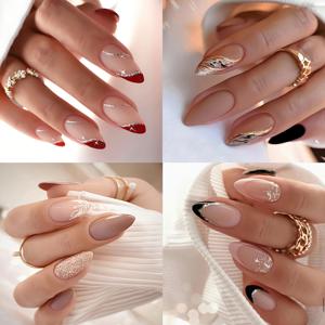 TEMU 스타일 업그레이드! 글리터 잎, 메탈릭 라인, 스타버스트, 하트가 돋보이는 96피스 여름 프렌치 스타일 아몬드 프레스온 네일. 재사용 가능, 데일리웨어 및 업무용으로 완벽한 여성용 네일