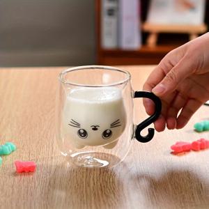 TEMU 1 귀여운 고양이 테마 유리 컵 커피, 우유 중공 이중층 보온 컵, 농축 커피 및 음료에 적합, 사계절 선물용 이상적인 용품