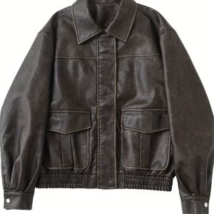 TEMU 2025 레트로 커피 색상 인조 가죽 재킷 여성용 캐주얼 재킷