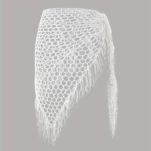 TEMU 수제 크로셰 여성용 비치 랩 스커트, 피쉬넷 매듭 디테일, 스타일 여름 오픈워크 프린지 스커트, 화이트 비치 비키니 커버업, 해변 휴가용