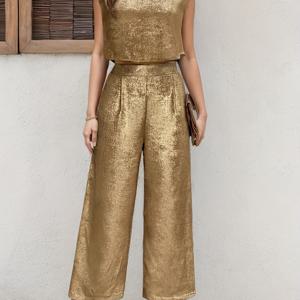 TEMU 여성용 봄 여름 스탠다드 사이즈 메탈릭 골드 투피스 세트 - 민소매 라운드넥 탑 & 와이드 레그 팬츠 파티룩, 로맨틱 특별한 날을 위한 의상