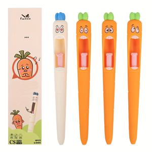 TEMU 당근 모양의 신기한 푸쉬 펜 4개 세트로, 재밌는 혀 메커니즘을 갖추고 있으며, 사무실 사용을 위한 0.5mm 검정 잉크 리필이 특징입니다.