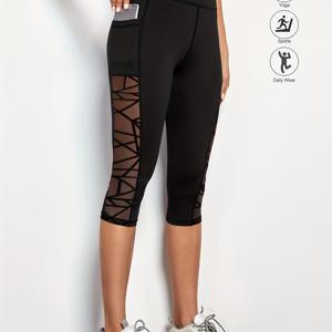 TEMU 기하학적 메시 요가 바지, 여성용 블랙 통기성 속건성 런닝 트레이닝 피트니스 바지, 야외 운동 베이스 7단 레깅스, 메시 스티칭 요가 웨어 하이웨이스트 스포츠 7단 바지 - 여름 스포츠, 피트니스에 적합