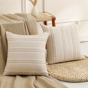 TEMU 2개입 장식 농가 스타일 쿠션 커버, 단면 패턴, 질감 쿠션 커버, 베이지색 바탕에 흰색과 무늬 쿠션 커버, 소파 침대 거실 홈 데코 (베개 속통 미포함)