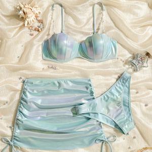 TEMU 그라데이션 타이 다이 비키니 세트, 하이웨이스트 수영 반바지와 드로스트링 미니 스커트가 특징이며, 해변 휴가에 완벽한 여성용 3피스 수영복