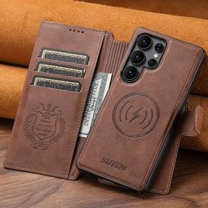 TEMU 폰 케이스: 2-in-1 플립 커버 자석 무선 충전 호환 SUTENI 인조 가죽 폰 케이스, 자석 카드 홀더 스탠드 포함, 갤럭시 S25 울트라, S24 울트라, S23 울트라, S22 울트라 호환. 블랙/브라운 색상 제공