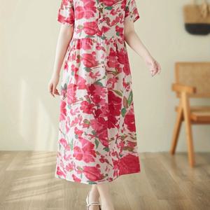 TEMU 우아한 방향성 루즈핏 패션 프린트 캐주얼 V넥 반팔 얇은 원피스